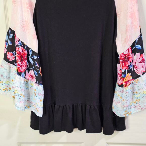 Pioneer Woman Blouse Sz L Boho Cottagecore Festival Floral Sleeve Black Top - Picture 3 of 9